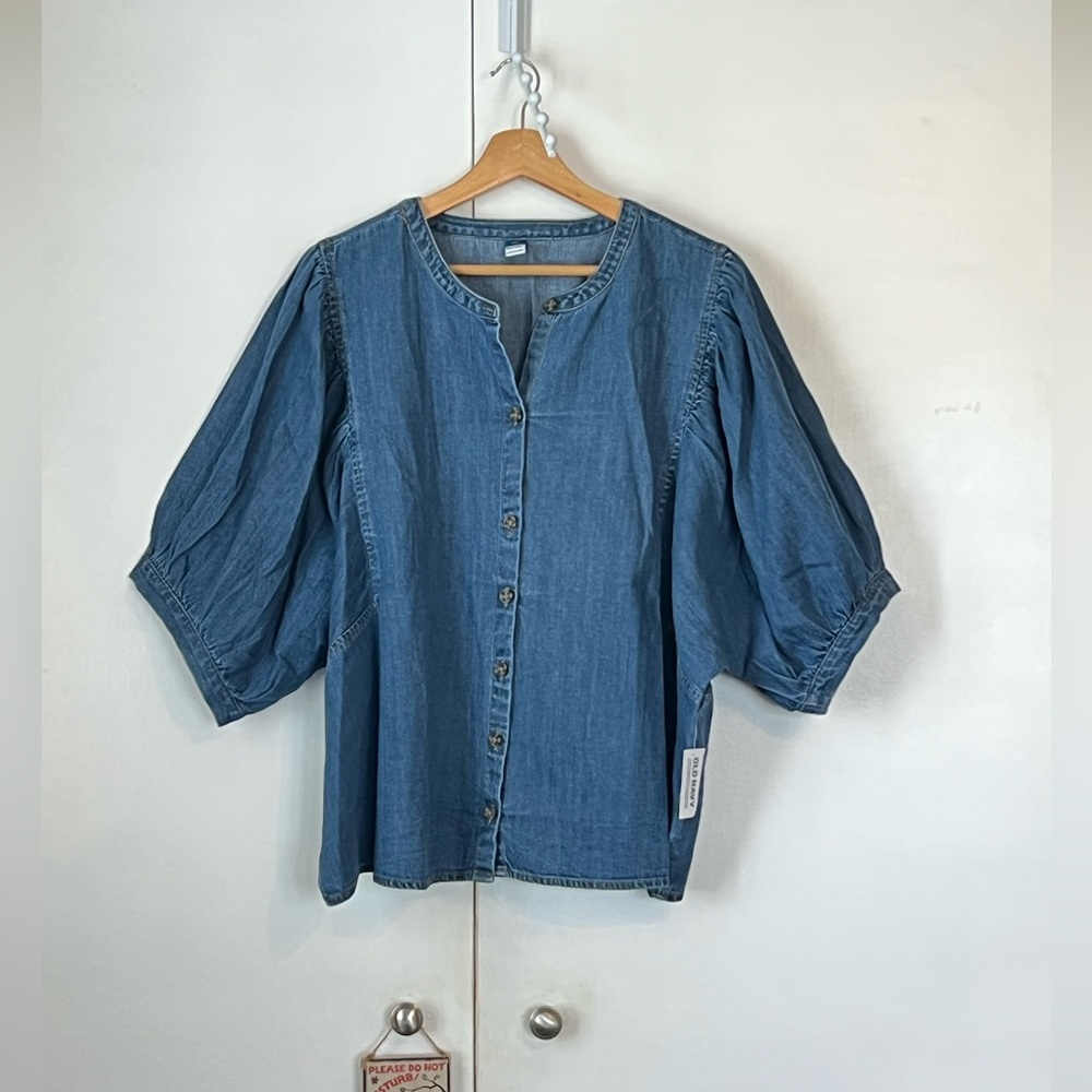 NWT Old Navy Puff-sleeve, Blue Button-Down Cropped denim shirt sz XXL